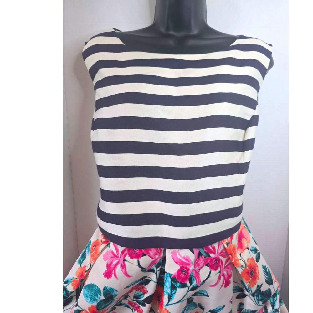Eliza J Striped and Floral Mixed Media Fit and Flare Dress Navy White Pink 16W